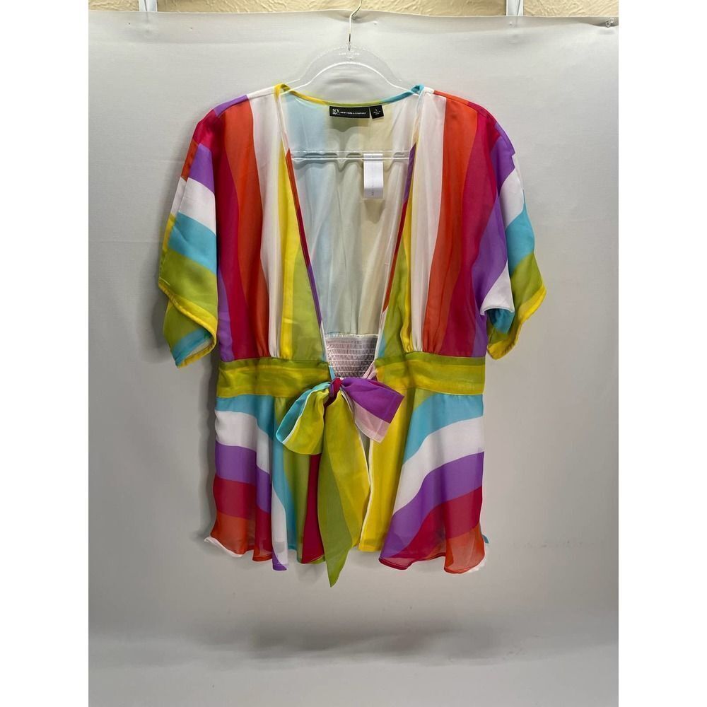 New York & Company Rainbow Tie Front Cinched Waist Cover Short Sleeve NEW Large
